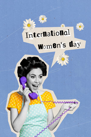 Poster image vertical collage of excited housemaid girl hold telephone handset greeting international woman day bubble chamomileの写真素材