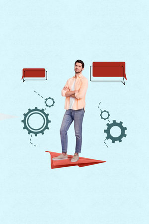 Creative artwork collage of man with crossed arms stand plane message on blue backgroundの写真素材