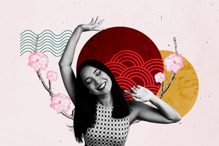Composite sketch design artwork 3D photo collage of young lady model posing smile sakura tree plant...