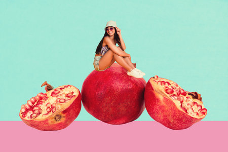 Composite sketch image design trend artwork collage of cuisine tasty meal restaurant young woman sit huge pomegranate juiceの写真素材