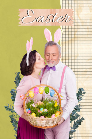 Vertical picture collage standing two pensioners couple spouse kissing wife easter holiday basket tradition drawing backgroudの写真素材