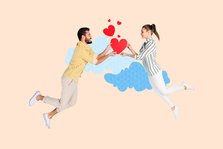 Composite photo collage of two happy girl guy valentine day celebration heart postcard feelings romance isolated on painted backgroundの写真素材