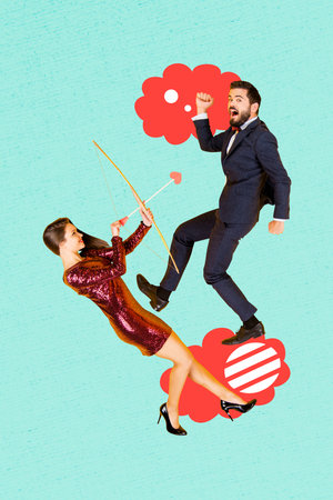 Vertical photo collage of two happy girl guy valentine day cupid feelings bow arrow sympathy heart love isolated on painted backgroundの写真素材