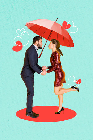 Vertical photo collage of two happy girl guy kiss valentine holiday romantic heart feelings umbrella isolated on painted backgroundの写真素材