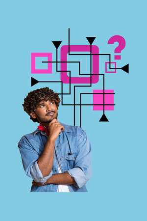 Pop collage of businessman thinking look on maze puzzle with question markの写真素材
