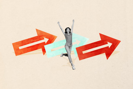 Composite image artwork collage of excited businesswoman run arrow statistics career promotion success opportunity chance growthの写真素材