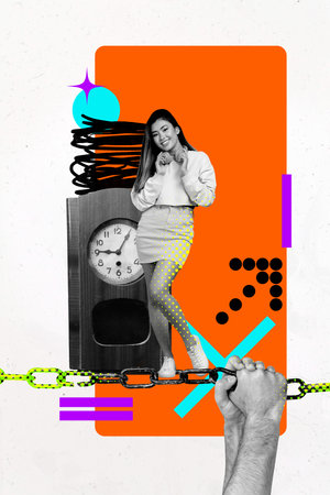 3D photo collage trend sketch template artwork of young lady smile stand iron chain hand hold retro style clock time bright colorの写真素材