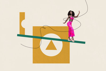 Exclusive sketch collage of happy girl stand scale arrow pointer up progress concept geometric figure growth opportunityの写真素材