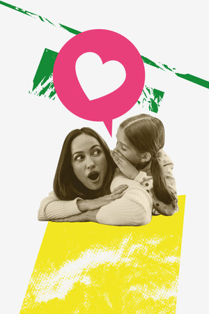 Trend artwork creative sketch 3D photo collage of young woman shocked face girl talk secret holiday...