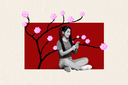 3d sketch poster trend collage image of happy korean girl surf phone sit japan park sakura tree bloom spring atmosphere walkの写真素材