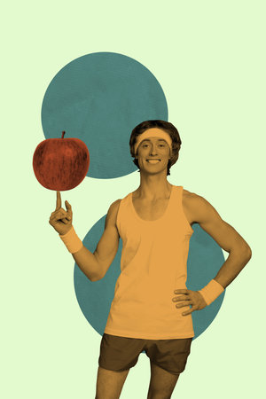 Image 3d zine vertical collage of happy man hold apple basketball ball imitation detox sportive healthy lifestyle conceptの写真素材