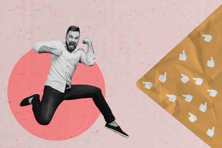 Creative poster collage of man jump up with raise fists on background full like buttonの写真素材