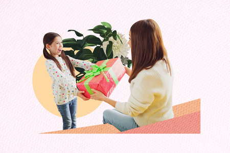 Creative artwork template sketch image 3D collage of girl hand hold present gift give mother gratitude international holiday plant leavesの写真素材