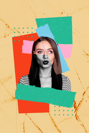 Vertical sketch 3d artwork collage poster of happy girl pouted lips mosaic parts improvementの写真素材