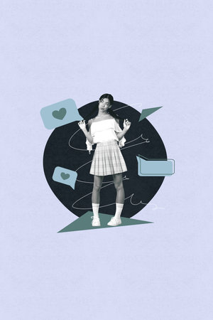 Trend image vertical photo collage of happy girl dance heart icon bubble notification like feedback social media reactionの写真素材