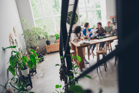 Above view gull body portrait of team ambitious business women modern interior office indoorsの写真素材
