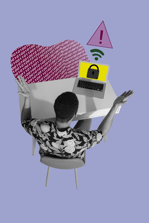 3D collage design composite artwork sketch of young man sit office table laptop warning code spy...