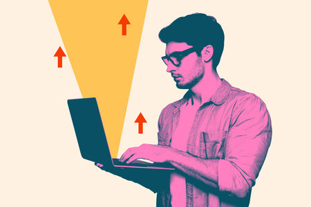 3d sketch poster trend collage image of serious businessman type laptop programming arrow development pointer success goalの写真素材