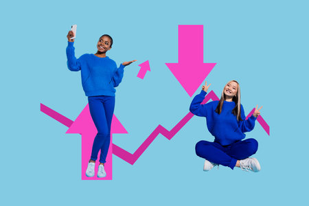 Creative trend image collage of two women using mobile gadget near arrows on blue background