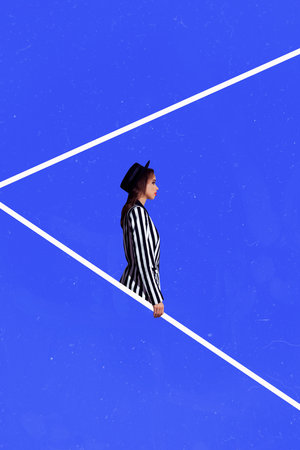 Art image vertical photo collage of serious businesswoman stand line doodle copy-space icon development goal achievementの写真素材