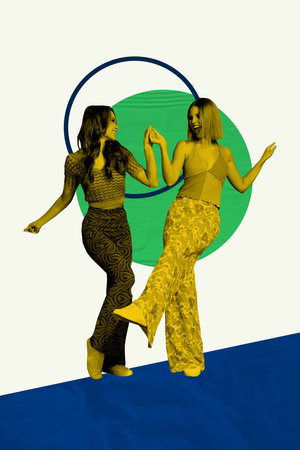 Vertical 3d artwork collage of happy two hipster girls dance weekend occasion relax party...