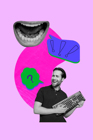 Vertical sketch 3d collage poster of happy guy play keypad guitar mouth scream bubble exclamation...