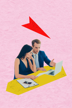 3D collage artwork composite sketch poster of human resources manager entrepreneur vacancy young lady man sit show laptop document arrowの写真素材