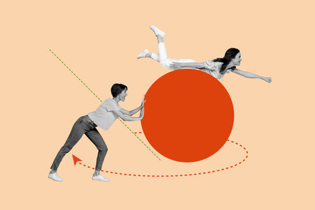 Exclusive art banner collage of two happy business girls stand ball arrow development superhero pose...