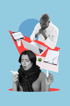 Trend image vertical photo collage of serious american man sit clinic laptop video call quarantine girl sneeze covid consultationの写真素材