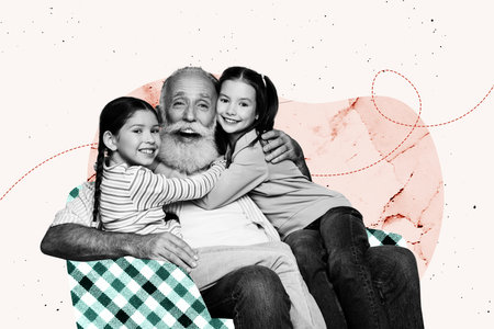 Template sketch image composite artwork collage of portrait happy smile emotion face parenthood aged...
