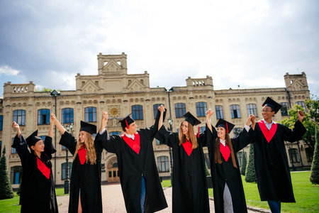 Joyful college graduates celebrating academic achievement outside university campus on a sunny dayの写真素材
