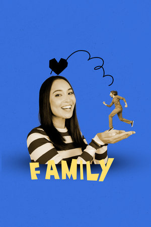 Poster sketch image artwork 3D photo collage of portrait young lady smile hand hold man run family soulmate romantic day holiday bondingの写真素材