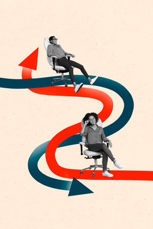 Vertical photo collage of two happy american girls business partners arrow development growth sit...