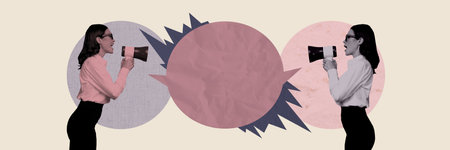 Sketch image trend artwork montage 3D photo collage of recruitment hr employment two young lady stand hold loudspeaker cloudの写真素材