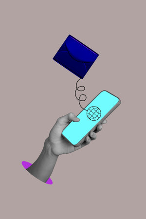 Composite sketch design artwork 3D photo collage of hand hold phone screen wifi symbol connection...