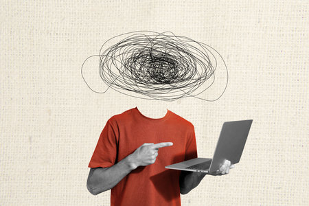 Artwork sketch photo collage of headless incognito person mess line stand young man hand hold laptop gesture finger point direction displayの写真素材