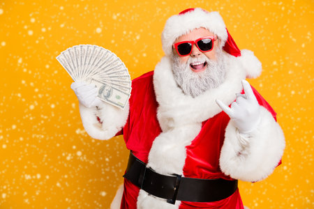 X-mas lottery win credit bank present for noel. Funky crazy hipster white bearded santa claus hold...