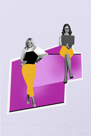 Composite artwork photo collage template sketch of two colleagues young middle age coworking hold clipboard laptop candidate new vacancyの写真素材