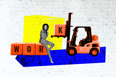 Composite photo collage of serious girl worker sit loader truck postal service import wooden cubes...
