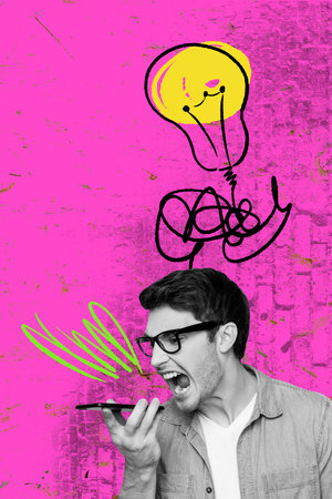 Composite trend artwork sketch image photo collage of young man worker eyewear hand hold smartphone...