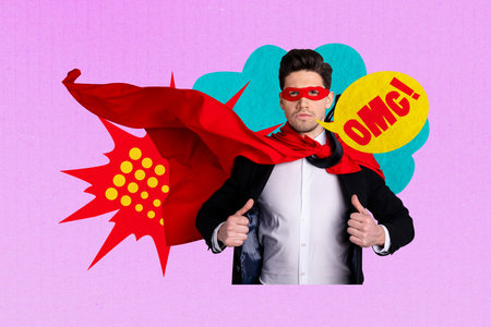 Composite trend artwork 3D sketch image photo collage of young man hero eyewear mask cloak stand comics speech cloudの写真素材