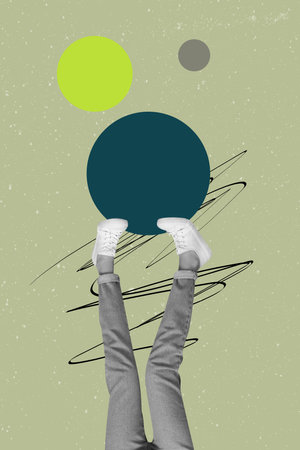 Vertical trendy magazine photo collage of anonym human girl guy legs peek wear sneakers jeans trousers upside down shoppingの写真素材