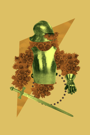 Creative composite sketch design artwork collage of ancient armor warrior character vintage conqueror style body flower glove hold swordの写真素材