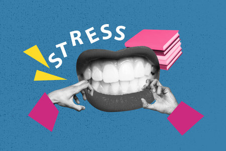 Composite sketch design artwork 3D photo collage of stress mouth teeth grimace pile book hand gesture overworked burnoutの写真素材
