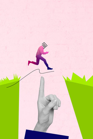 Creative trend artwork design collage sketch of headless man body run jump edge cliff big hand gesture finger up support hr hiring workerの写真素材