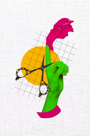 Poster image vertical photo collage of hand point index finger scissors cut occupation development business startupの写真素材