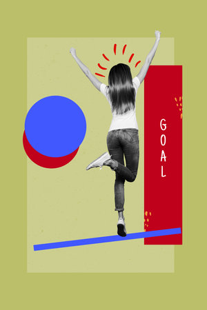 Image collage of young lady jump back view with win fists on color backgroundの写真素材