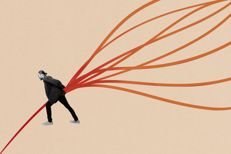 Creative 3D photo collage trend artwork template of young man walk carry lines. rope effort...