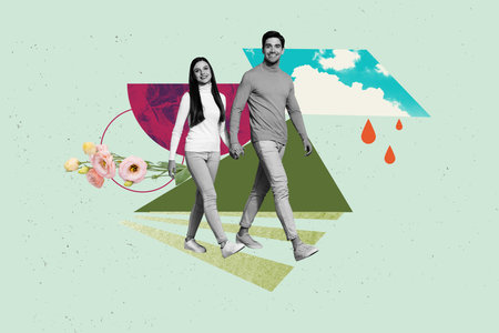 Poster template collage of people on color background with flowers plant geometric figuresの写真素材