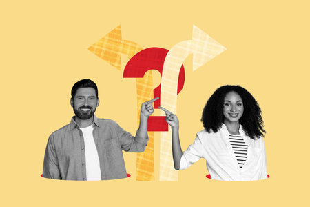 Creative full art collage of two happy business partners girl guy stand arrow development question...
